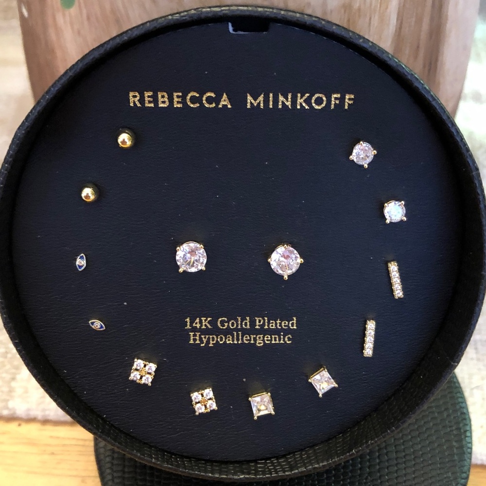 Rebecca Minkoff 14kt Gold Plated Stud Earring Set 7 Pairs Crystal Accents NIB